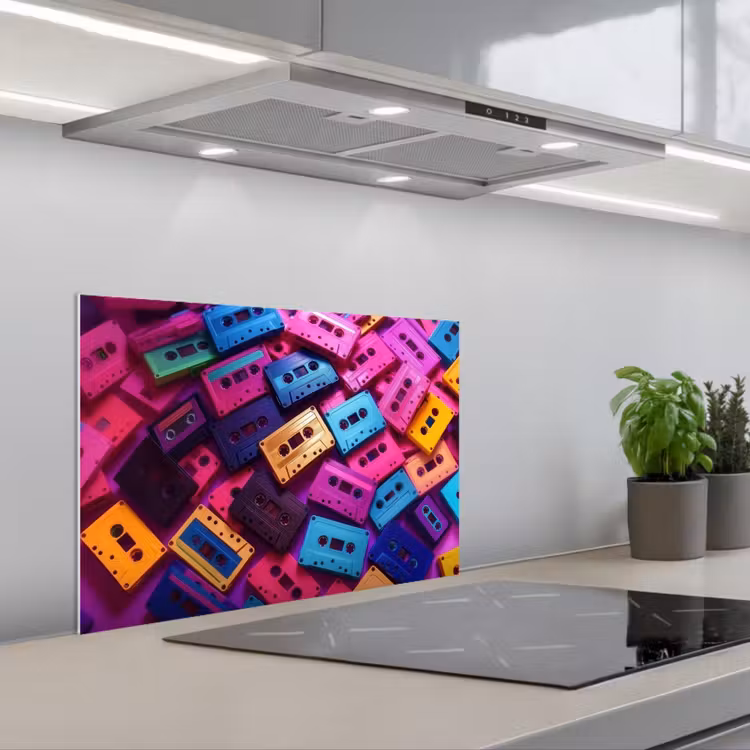 Spatscherm keuken - Cassetteband - Kleurrijk - Energiek — 1
