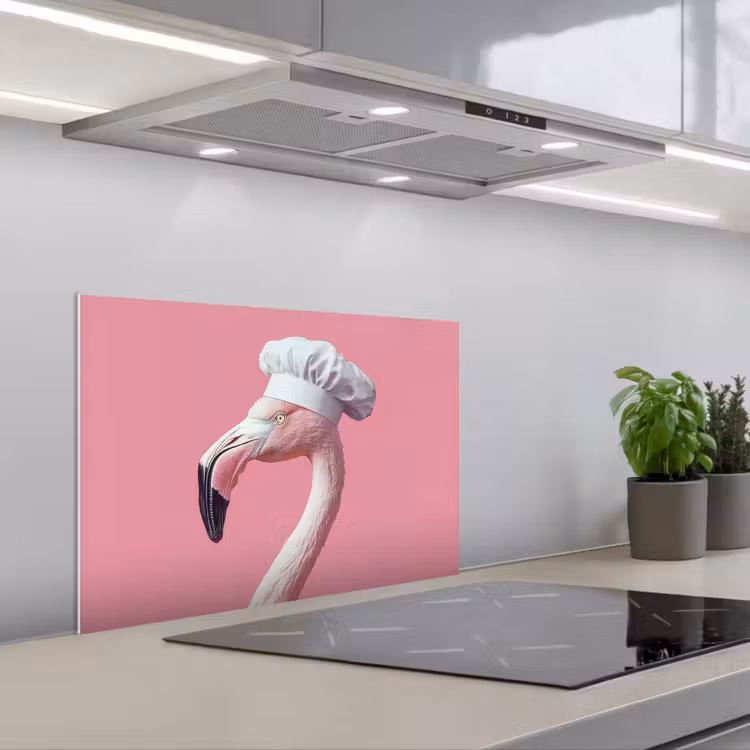 Spatscherm keuken - Flamingo - Roze - Koksmuts - Vogel — 1