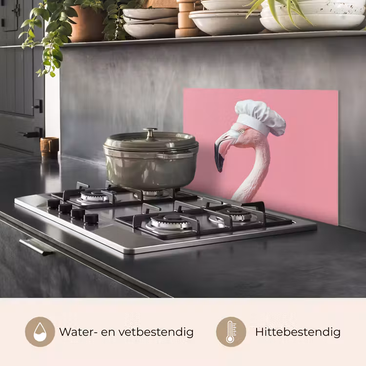 Spatscherm keuken - Flamingo - Roze - Koksmuts - Vogel — 2