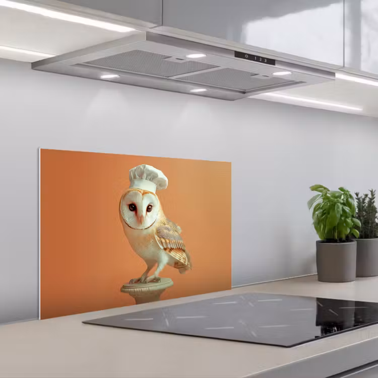 Spatscherm keuken - Kerkuil - Koksmuts - Oranje - Vogel — 1