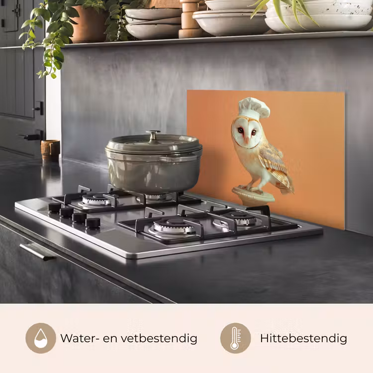 Spatscherm keuken - Kerkuil - Koksmuts - Oranje - Vogel — 2
