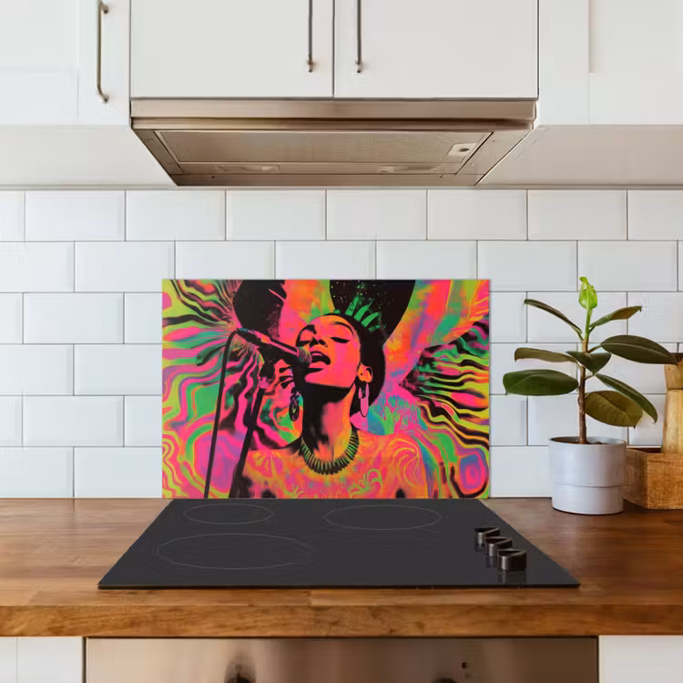 Spatscherm keuken - Neon - Vrouw - Microfoon — 3