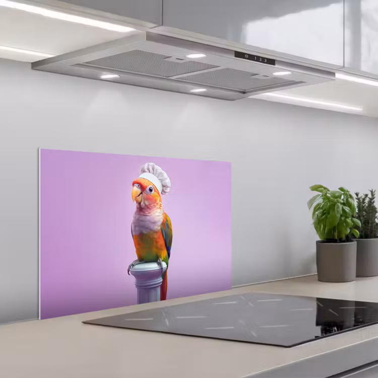 Spatscherm keuken - Papegaai - Koksmuts - Pilaar - Vogel — 1