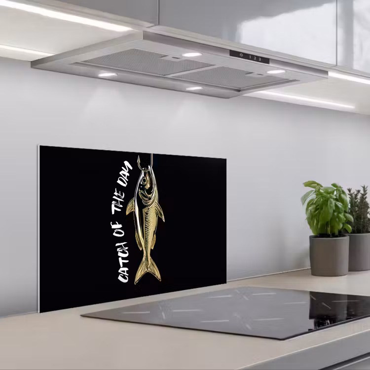 Spatscherm keuken - Vis - Zwart - Goud - Tekst — 1