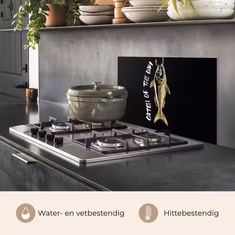 Spatscherm keuken - Vis - Zwart - Goud - Tekst — 2
