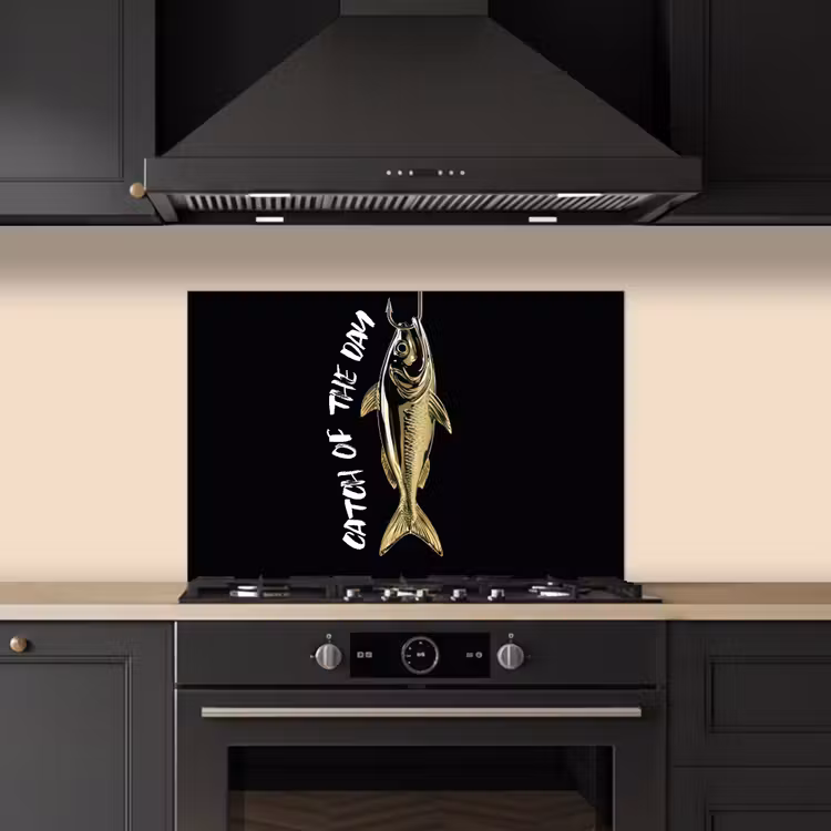 Spatscherm keuken - Vis - Zwart - Goud - Tekst — 5