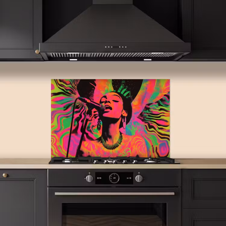 Spatscherm keuken - Vrouw - Microfoon - Neon — 5
