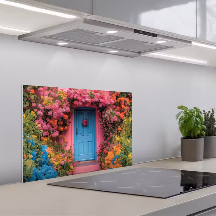 Spatscherm keuken - Bloemen - Deur - Roze — 1