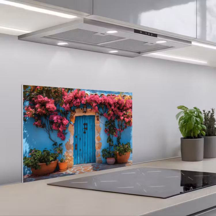 Spatscherm keuken - Deur - Hout - Bloemen - Blauw — 1