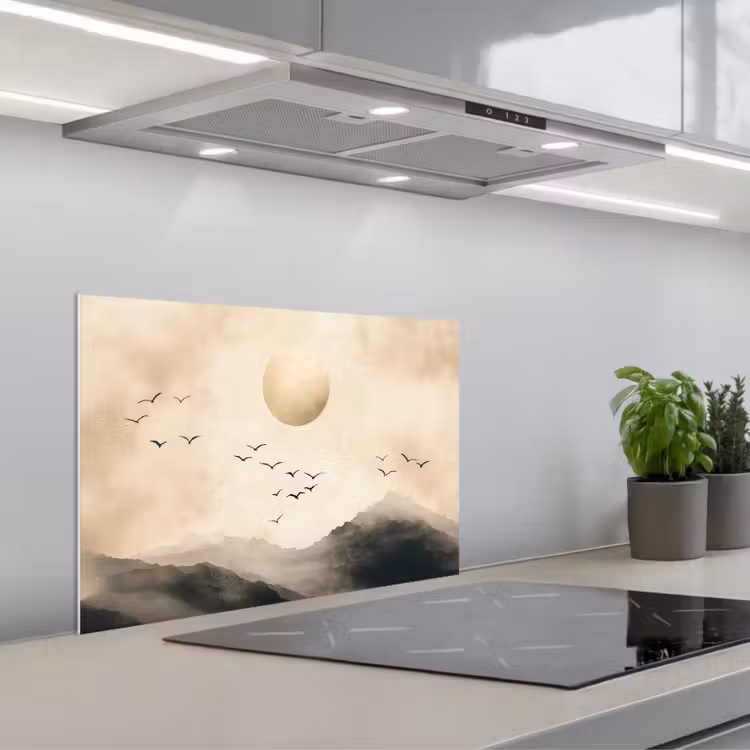 Spatscherm keuken - Landschap - Japandi - vogel — 1