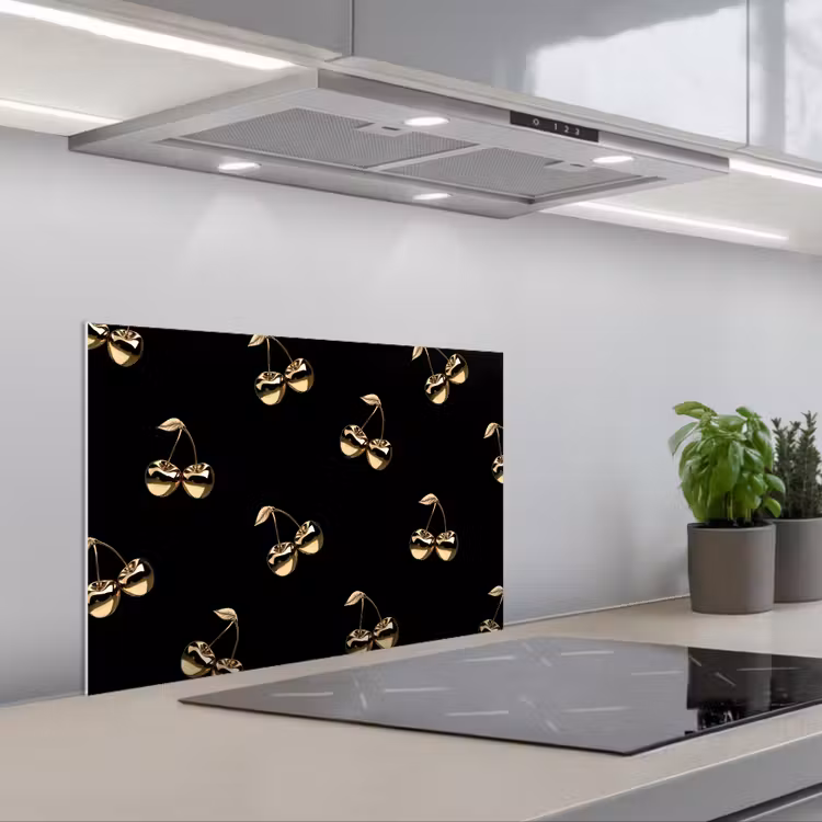 Spatscherm keuken - Patroon - Kersen - Goud - Chrome — 1