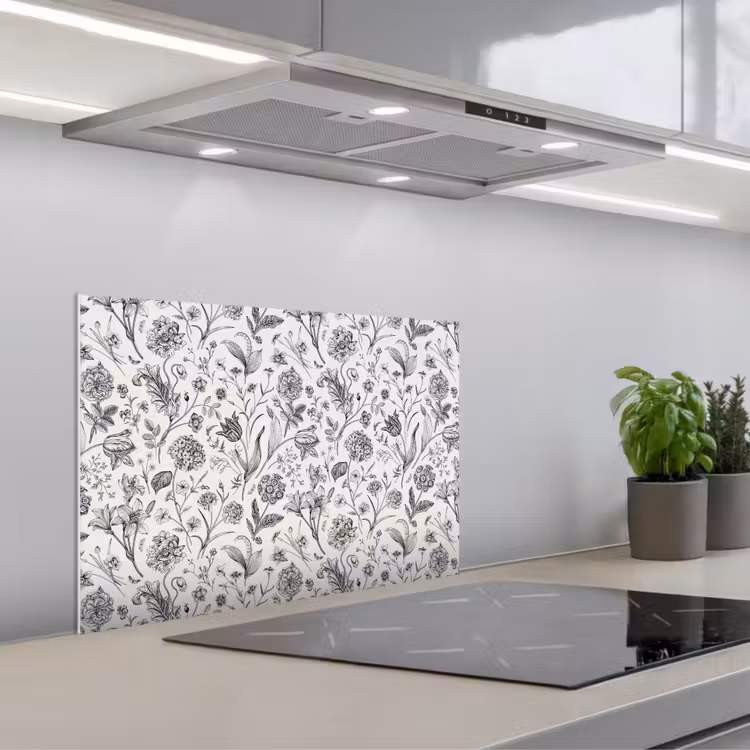 Spatscherm keuken - Classic - Black - White - Floral — 1