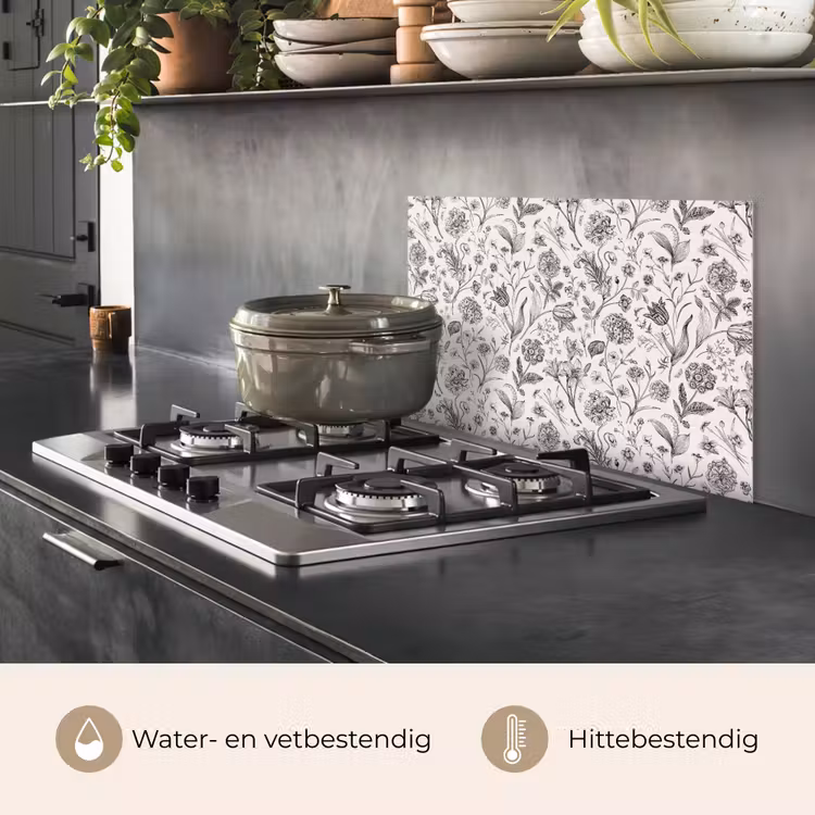 Spatscherm keuken - Classic - Black - White - Floral — 2