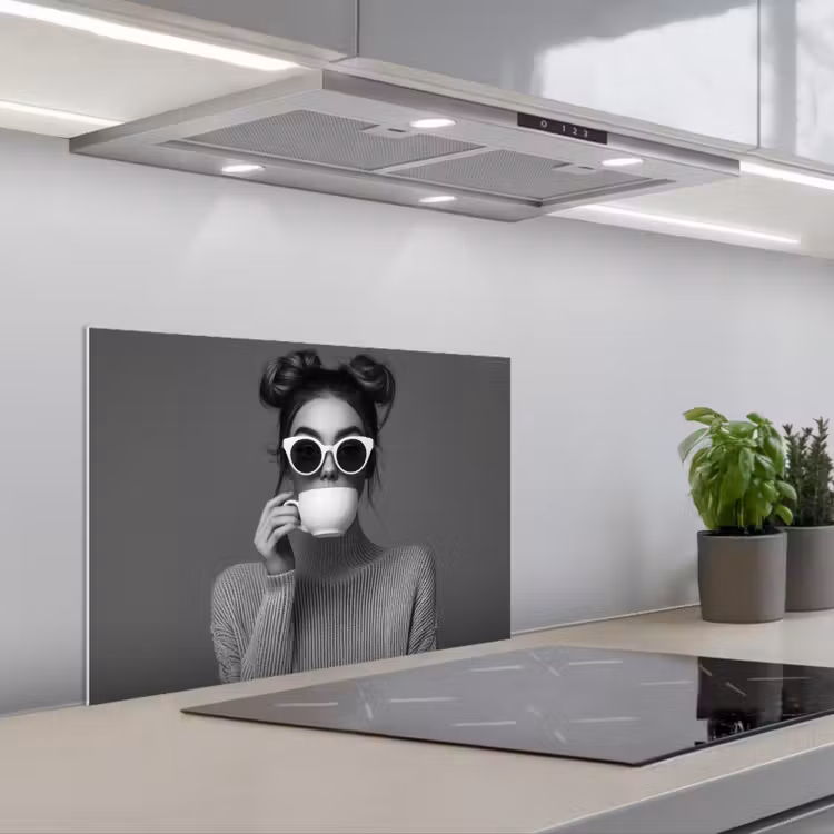 Spatscherm keuken - Vrouw - Koffie - Zwart - Wit — 1