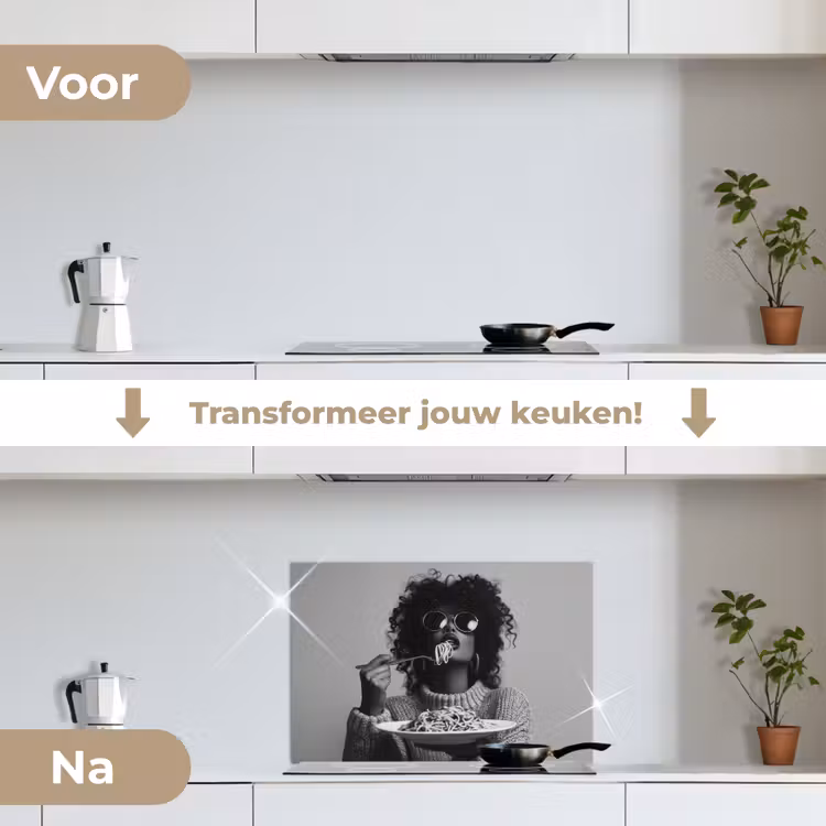 Spatscherm keuken - Vrouw - Pasta - Zwart - Wit — 7