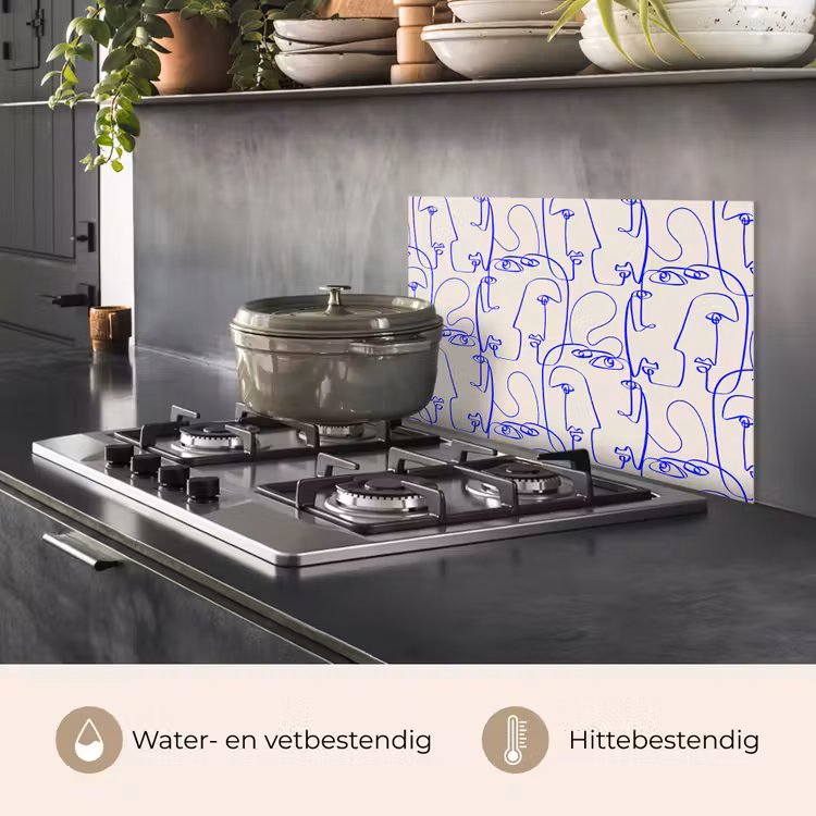 Spatscherm keuken - Gezicht - Blauw - Lijnen - Beige — 2
