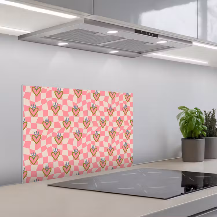 Spatscherm keuken - Roze - Retro - Patroon - Geblokt — 1