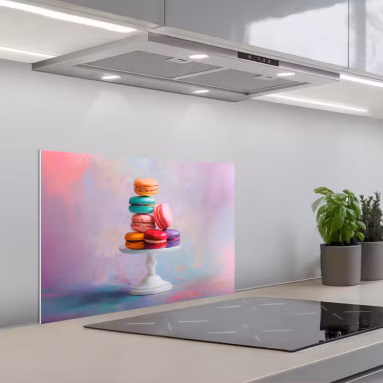 Spatscherm keuken - Macarons - Schaal - Pastel - Kleurrijk — 1