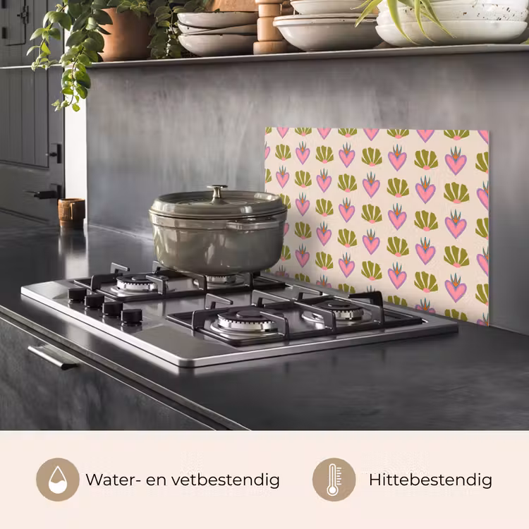 Spatscherm keuken - Patroon - Beige - Hartjes - Bloemen — 2
