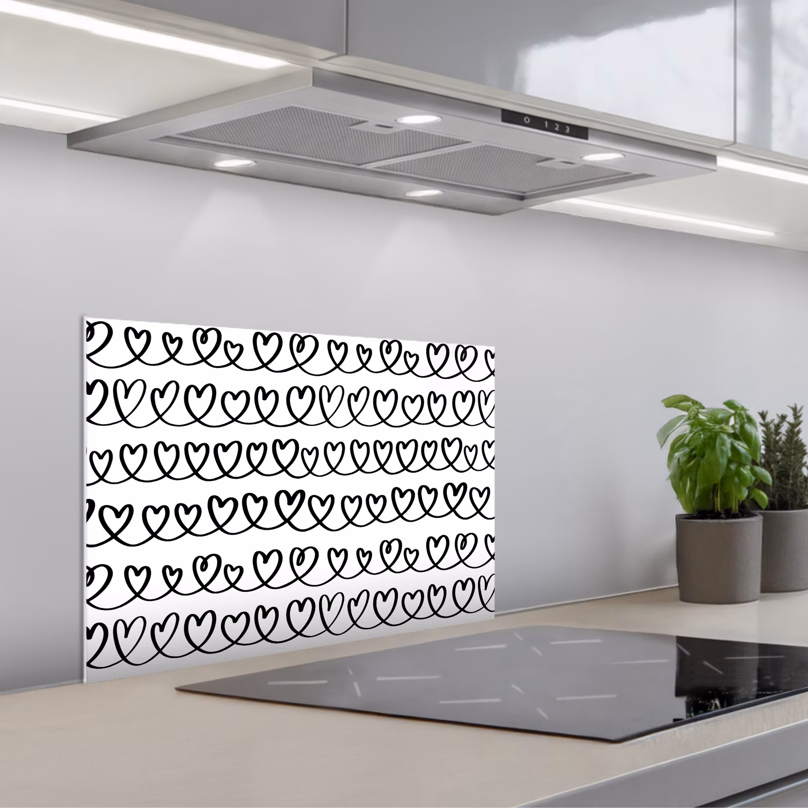 Spatscherm keuken - Wit - Harten - Verweven - Zwart — 1