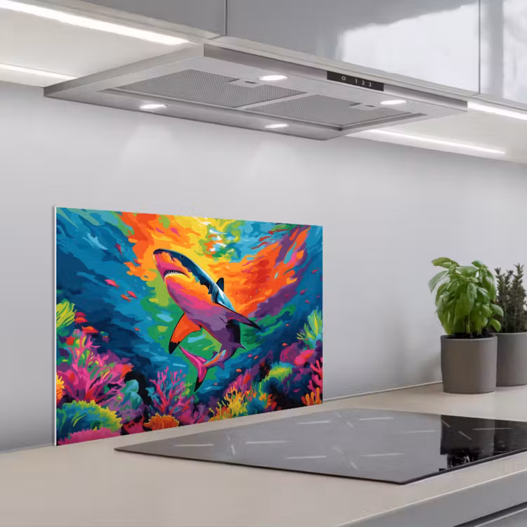 Spatscherm keuken - Haai - Koraalrif - Abstract - Kleurrijk — 1