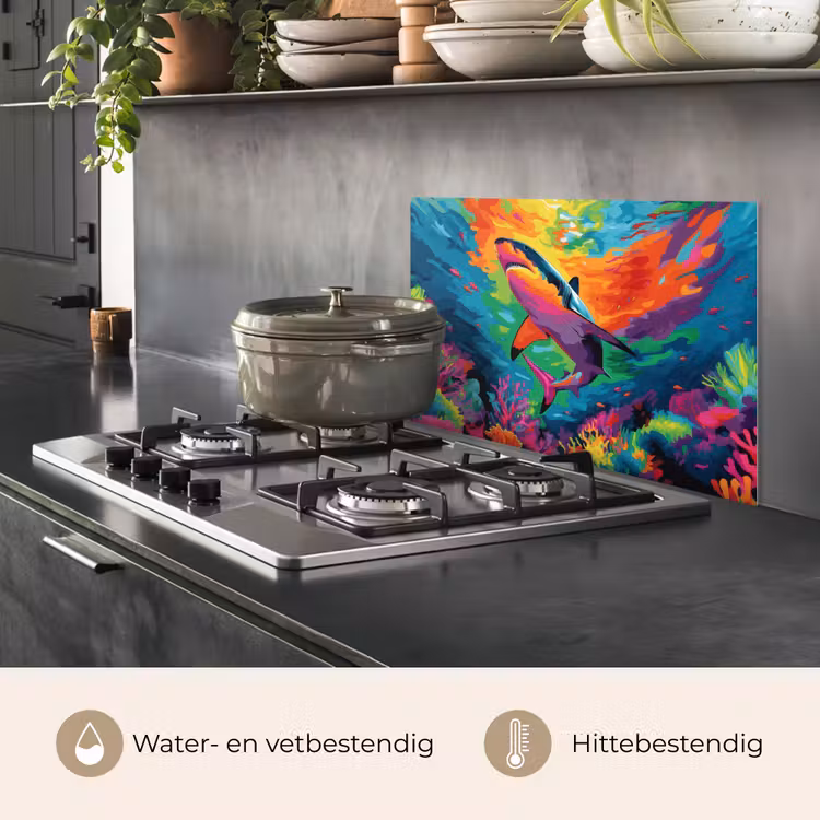 Spatscherm keuken - Haai - Koraalrif - Abstract - Kleurrijk — 2