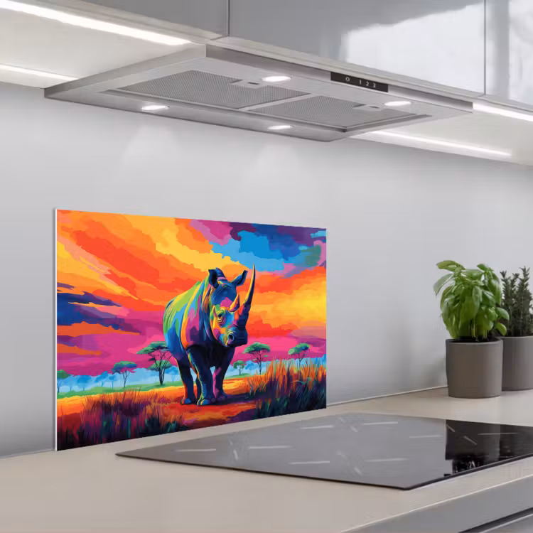 Spatscherm keuken - Neushoorn - Zonsondergang - Savanna - Kleurrijk — 1