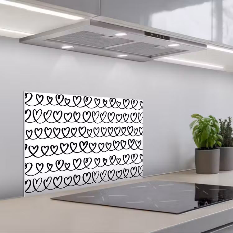 Spatscherm keuken - Wit - Harten - Verweven - Zwart — 1