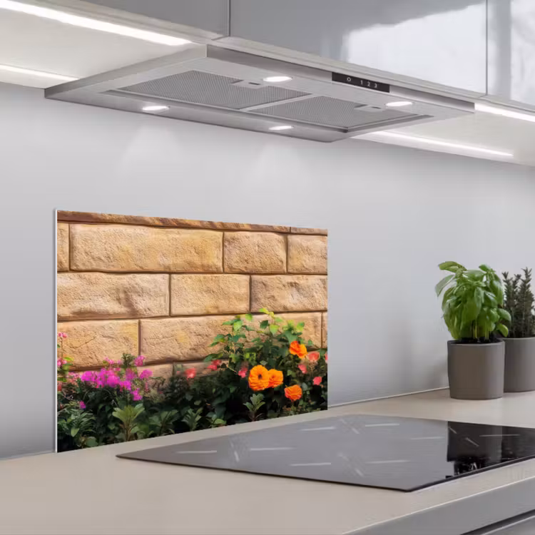 Spatscherm keuken - Bloemen - Bakstenen - Kleurrijk — 1