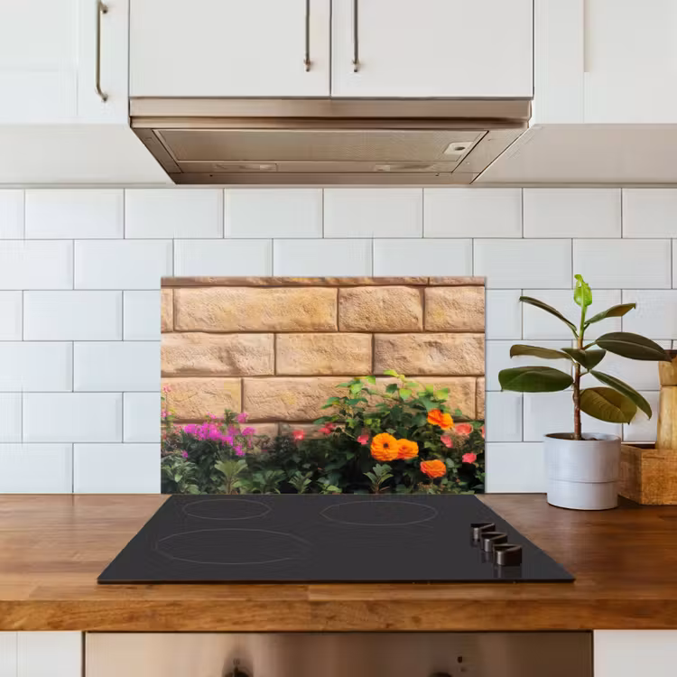 Spatscherm keuken - Bloemen - Bakstenen - Kleurrijk — 3