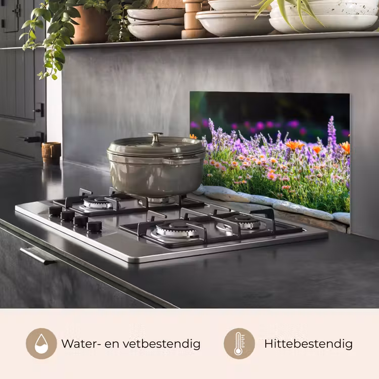Spatscherm keuken - Bloemen - Steenrand - Kleurrijk — 2