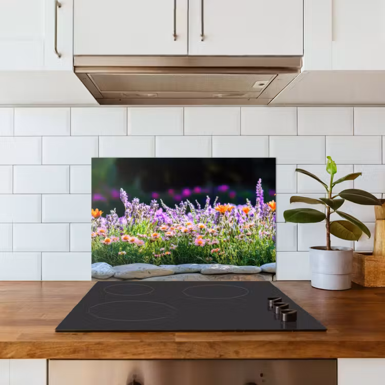 Spatscherm keuken - Bloemen - Steenrand - Kleurrijk — 3
