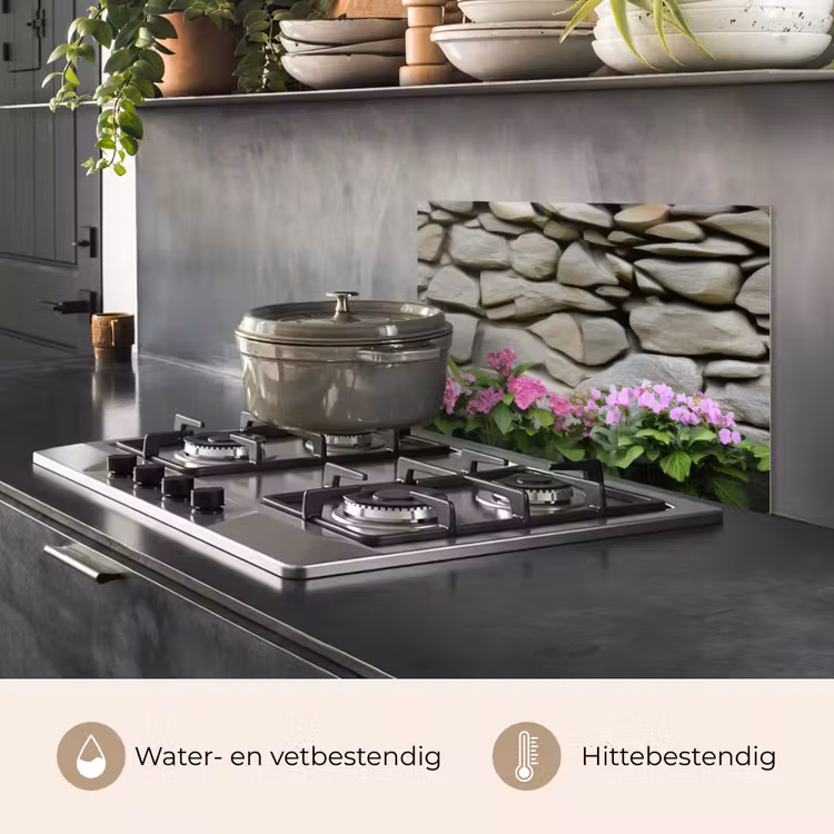 Spatscherm keuken - Hortensia’s - Stenen - Muur - Bloemen — 2