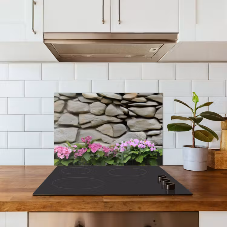 Spatscherm keuken - Hortensia’s - Stenen - Muur - Bloemen — 3