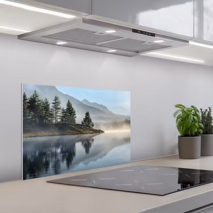 Spatscherm keuken - Meer - Mist - Bergen - Landschap — 1