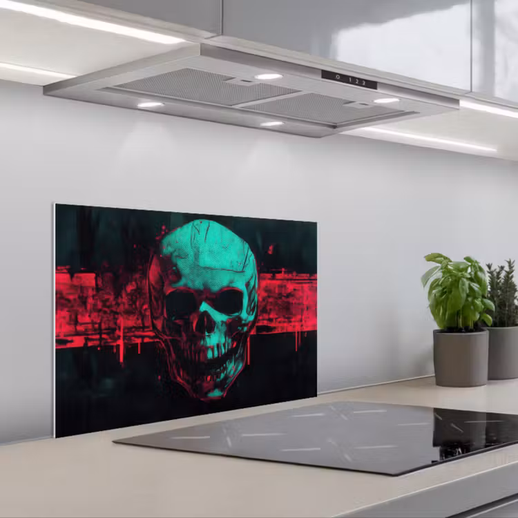 Spatscherm keuken - Schedel - Cyberpunk - Neon Rood — 1