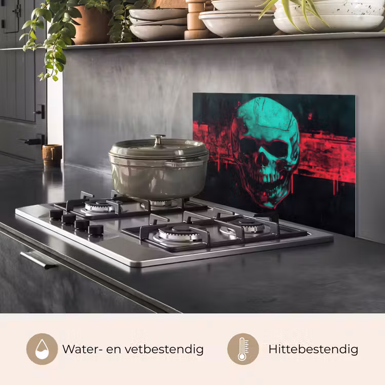 Spatscherm keuken - Schedel - Cyberpunk - Neon Rood — 2