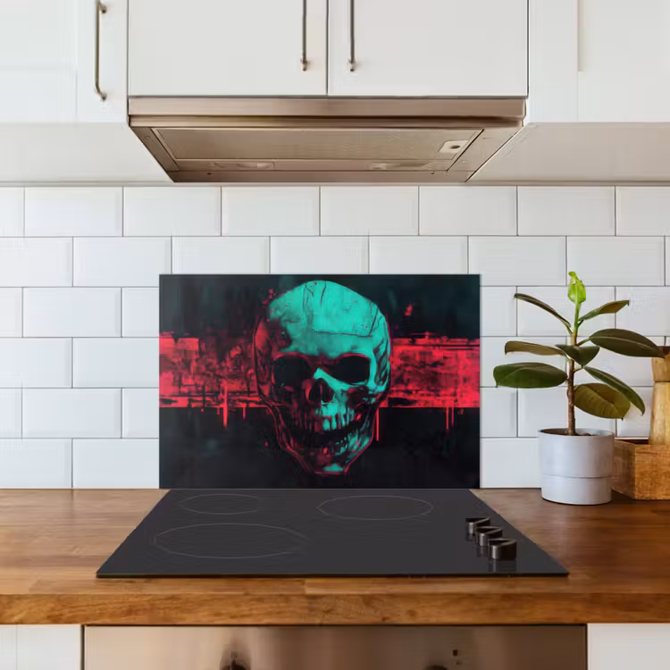 Spatscherm keuken - Schedel - Cyberpunk - Neon Rood — 3