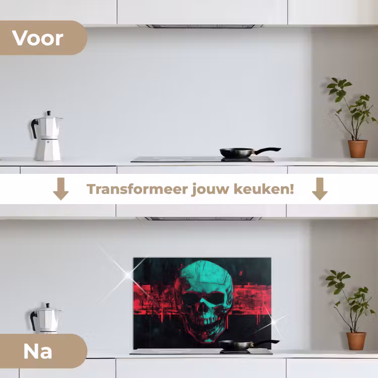 Spatscherm keuken - Schedel - Cyberpunk - Neon Rood — 7