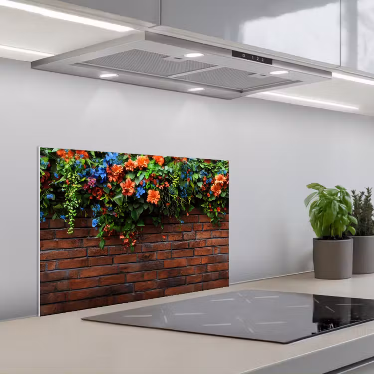 Spatscherm keuken - Bloemen - Muur - Groen - Oranje — 1