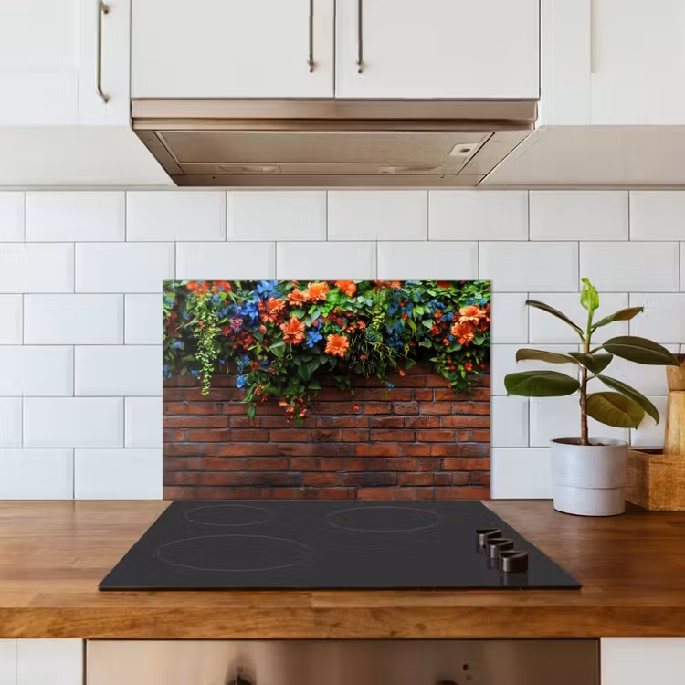 Spatscherm keuken - Bloemen - Muur - Groen - Oranje — 3