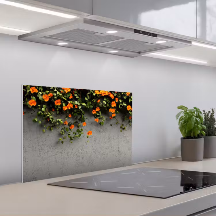 Spatscherm keuken - Bloemen - Muur - Oranje — 1
