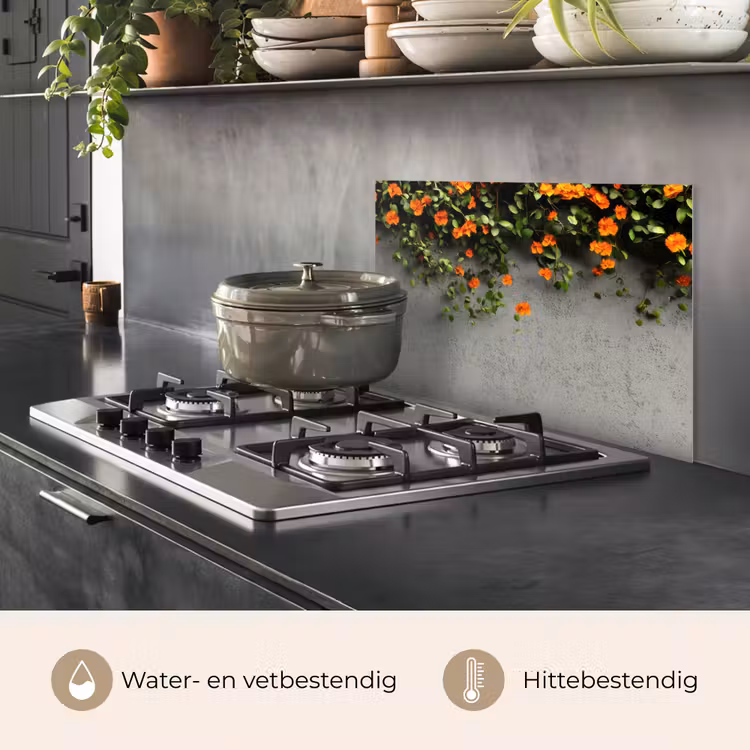 Spatscherm keuken - Bloemen - Muur - Oranje — 2
