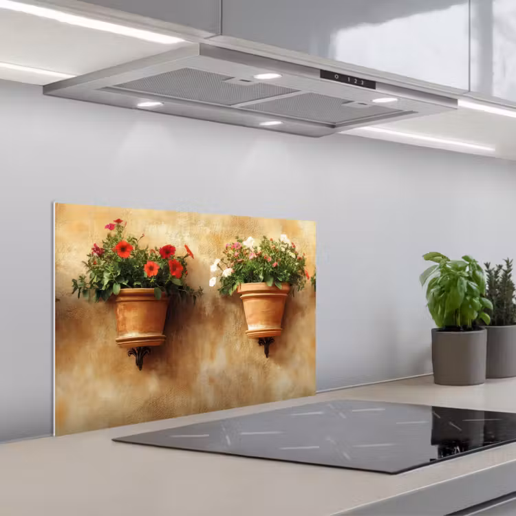 Spatscherm keuken - Bloempotten - Muur - Vintage — 1