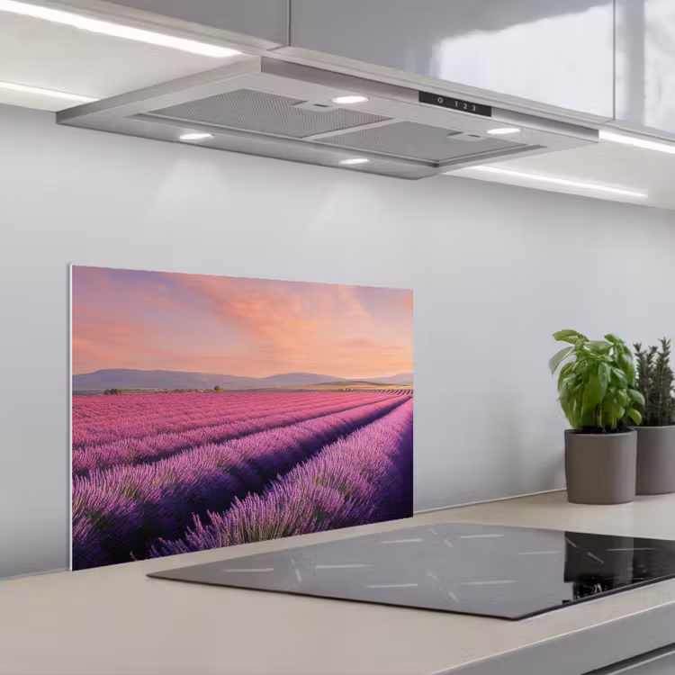 Spatscherm keuken - Lavendelveld - Zonsondergang - Paars - Bloemen — 1
