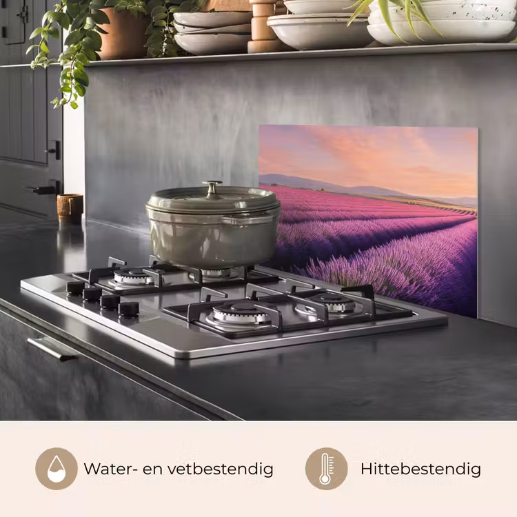 Spatscherm keuken - Lavendelveld - Zonsondergang - Paars - Bloemen — 2