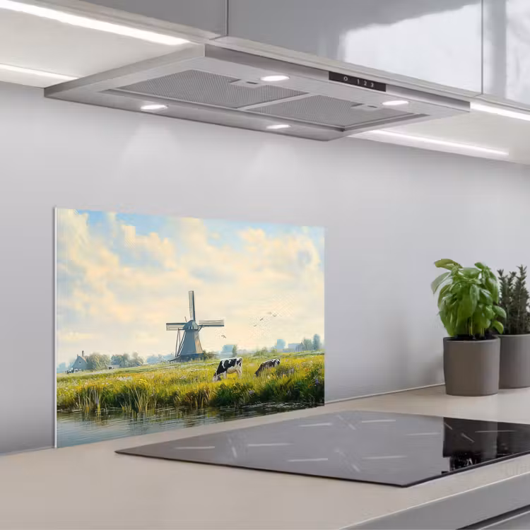 Spatscherm keuken - Koeien - Windmolen - Weide - Blauw — 1
