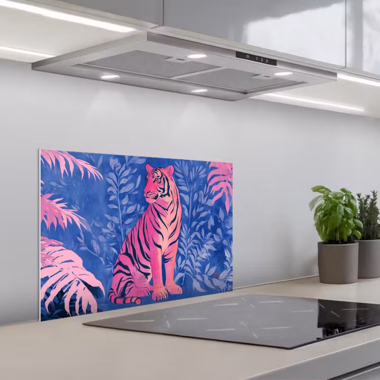 Spatscherm keuken - Tijger - Roze - Bladeren - Jungle — 1