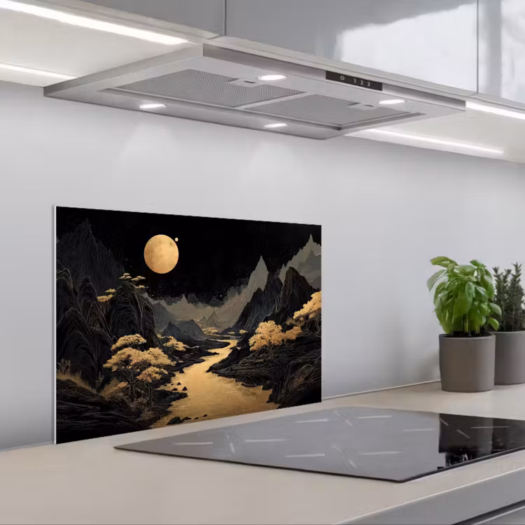 Spatscherm keuken - Gouden rivier - Bergen - Maan - Sterrenhemel — 1