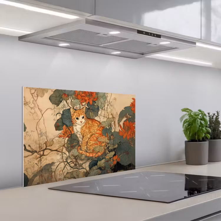 Spatscherm keuken - Kat - Sierlijk - Bloemen — 1